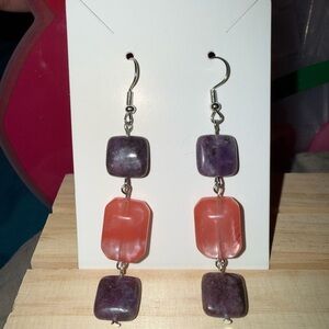 Genuine Purple Amethyst and Pink Strawberry Quartz Dangle Earrings
